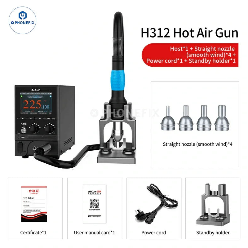 AiXun H312 1400W smart hot air gun BGA rework station by PHONEFIX with digital controls and cooling system for electronics repair.