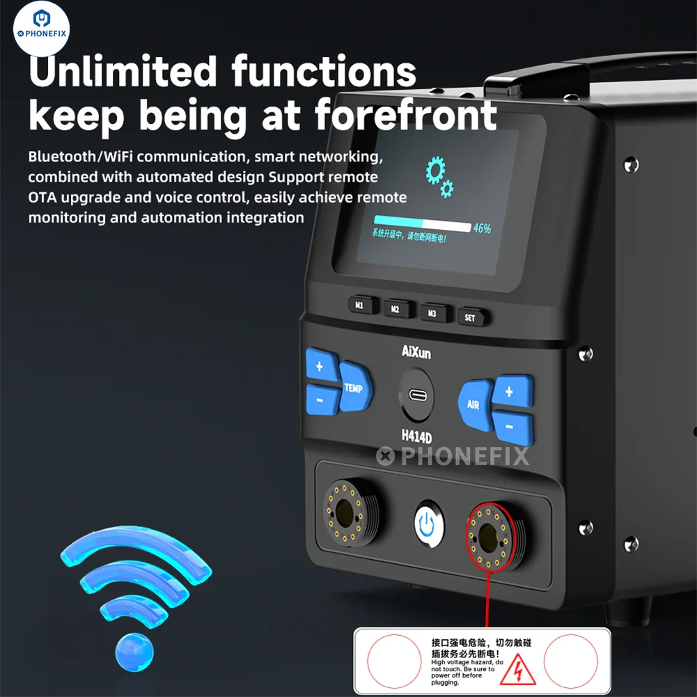 AIXUN H414D BGA rework station with dual channels, 1400W hot air for electronic circuit board repair.