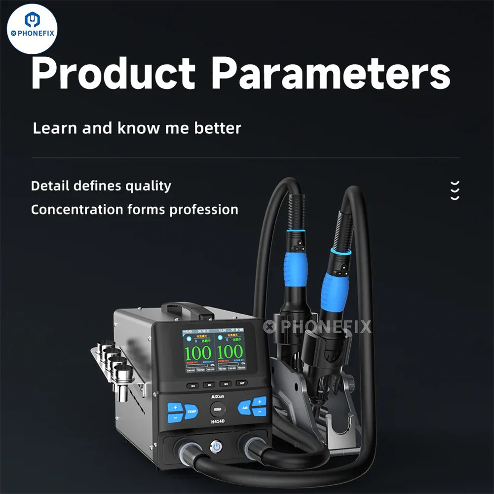 AIXUN H414D 1400W dual channel BGA rework station with hot air nozzles and control dials, designed for electronics repair.