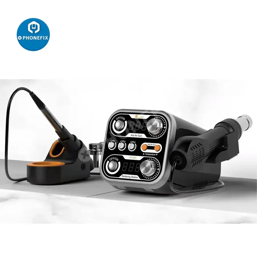 PhoneFix CP-401 heat gun and CP-601 2-in-1 heat air gun soldering station for BGA rework, with control dials and nozzles visible.