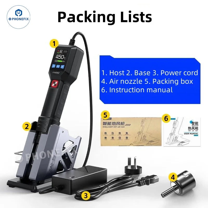 FNIRSI SAG-55 handheld hot air gun for BGA rework, portable 550W high-power tool with ergonomic design.
