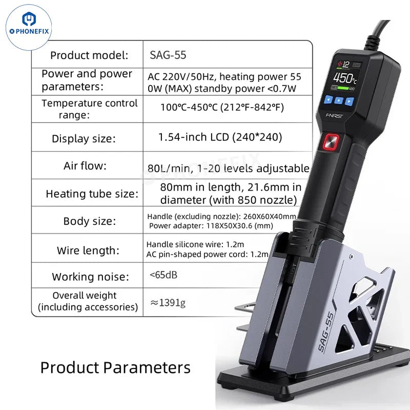 FNIRSI SAG-55 handheld portable hot air gun for BGA rework, 550W high-power device in a compact design by PHONEFIX.