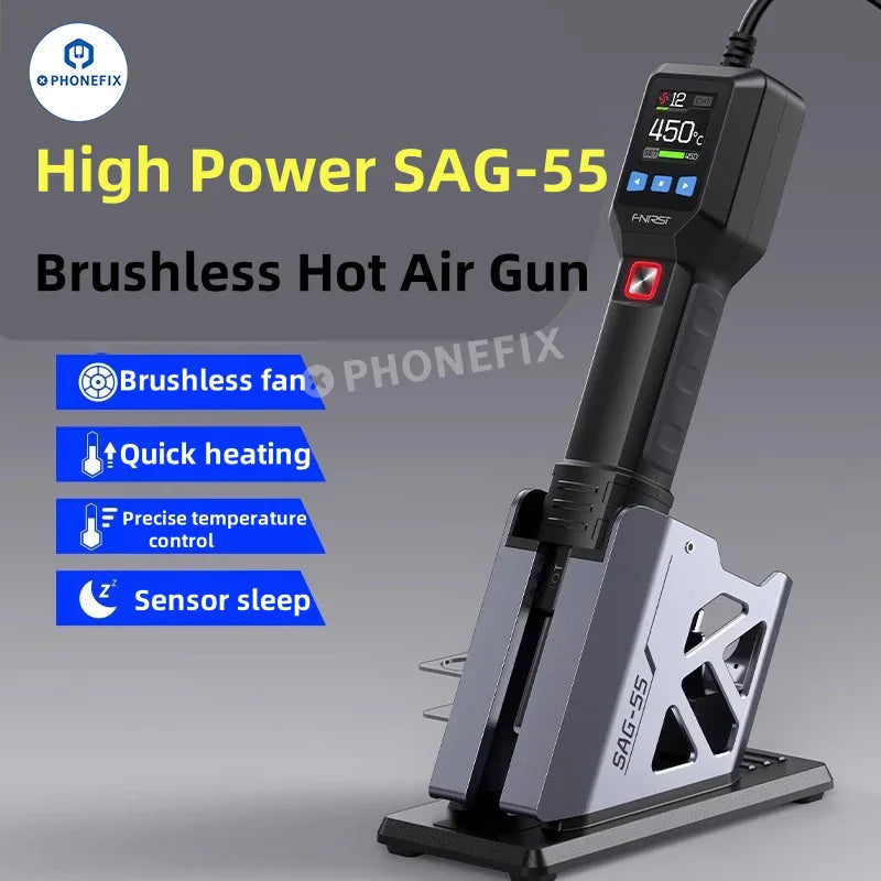 FNIRSI SAG-55 handheld portable hot air gun for BGA rework, 550W high-power tool by PHONEFIX with adjustable temperature controls