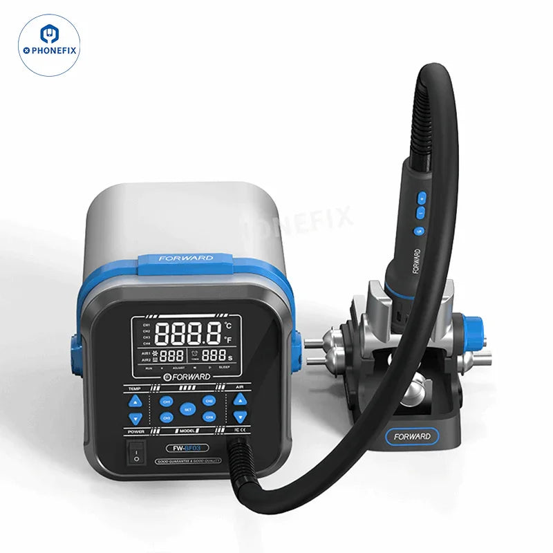 PHONEFIX FORWARD FW-BF03 BGA rework station with 1300W hot air desoldering tool and digital controls for electronics repair.