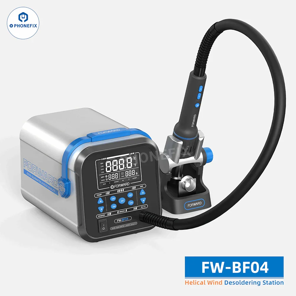 PhoneFix BGA Rework Station FW-BF03 FW-BF04 1300W hot air desoldering station with digital controls and ergonomic design.
