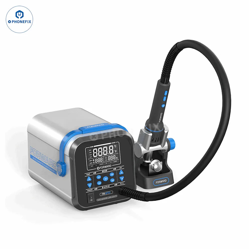 PhoneFix BGA Rework Station FW-BF03 FW-BF04 1300W hot air desoldering station with digital controls for PCB repair.