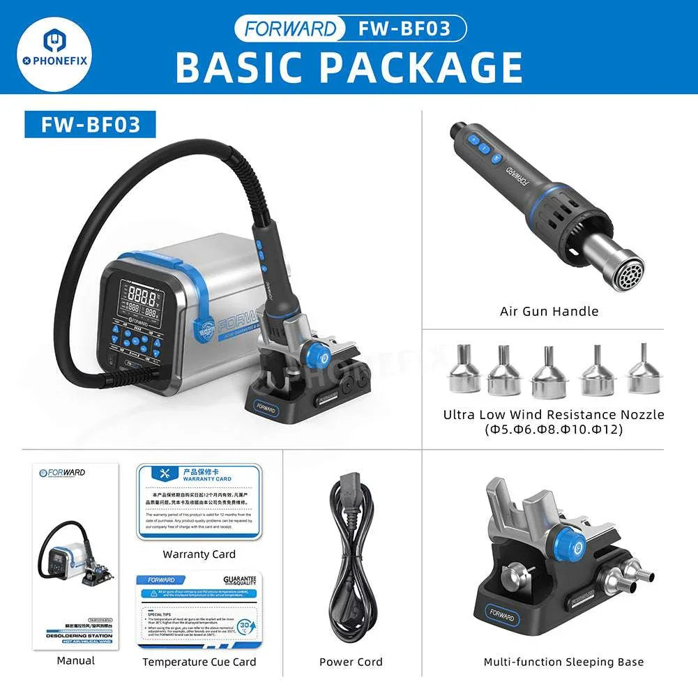 PHONEFIX BGA Rework Station FW-BF03 FW-BF04 1300W hot air desoldering station for BGA rework and soldering repair.