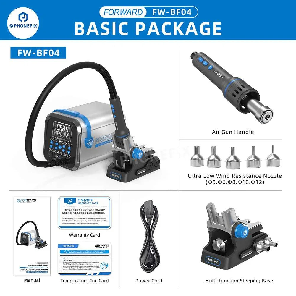 Phonefix FW-BF03 BGA Rework Station with 1300W hot air desoldering tool for electronic circuit board repair.