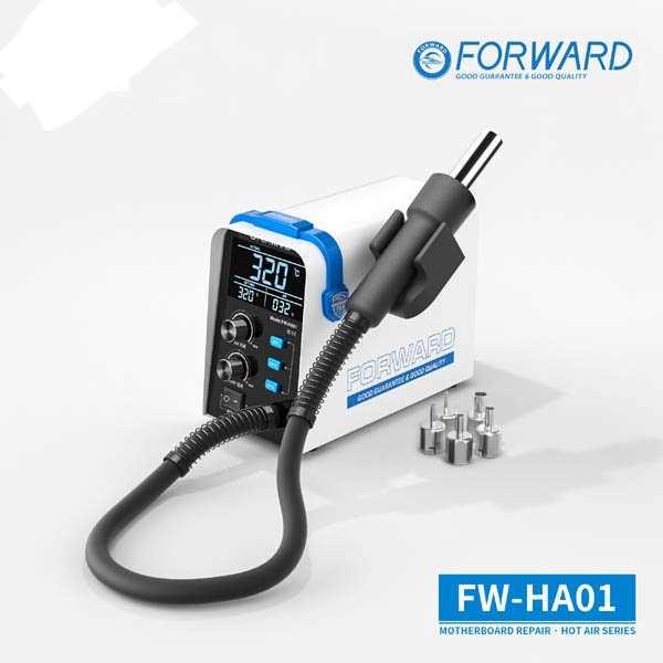 Station de retouche BGA avec outil de dessoudage à air chaud à flux spiralé de PHONEFIX, dotée de commandes et de buses pour un soudage précis.