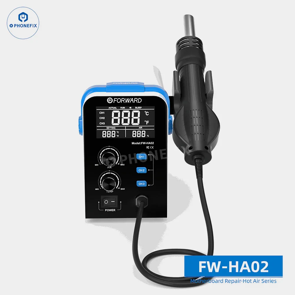 Station de dessoudage à air chaud à flux spiralé PHONEFIX FW-HA02 pour la réparation de BGA, avec flux d'air chaud réglable et outils de dessoudage.