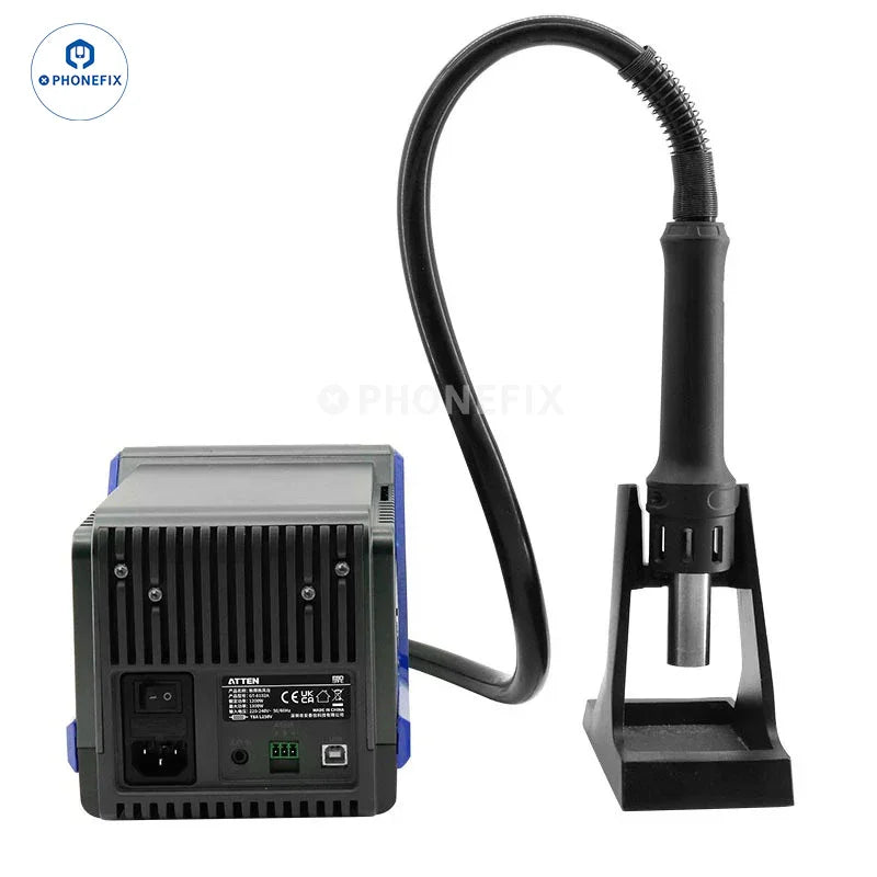 PhoneFix ATTEN GT-1028 BGA Rework Station with digital display, hot air tool, and 110V US plug for electronic repair.