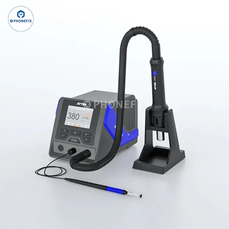 PhoneFix ATTEN GT-1028 GT-8100A BGA rework station with digital display and hot air tool for electronics repair.