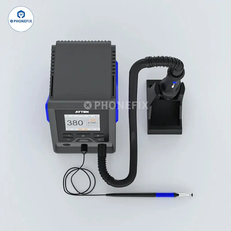 PhoneFix ATTEN GT-1028 GT-8100A BGA rework station with digital display and hot air rework tools for electronic repairs.