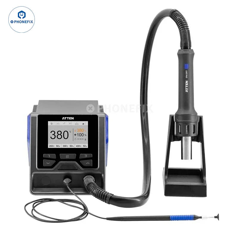 PhoneFix ATTEN GT-1028 GT-8100A BGA rework station with digital display and hot air tool for electronic component repair.