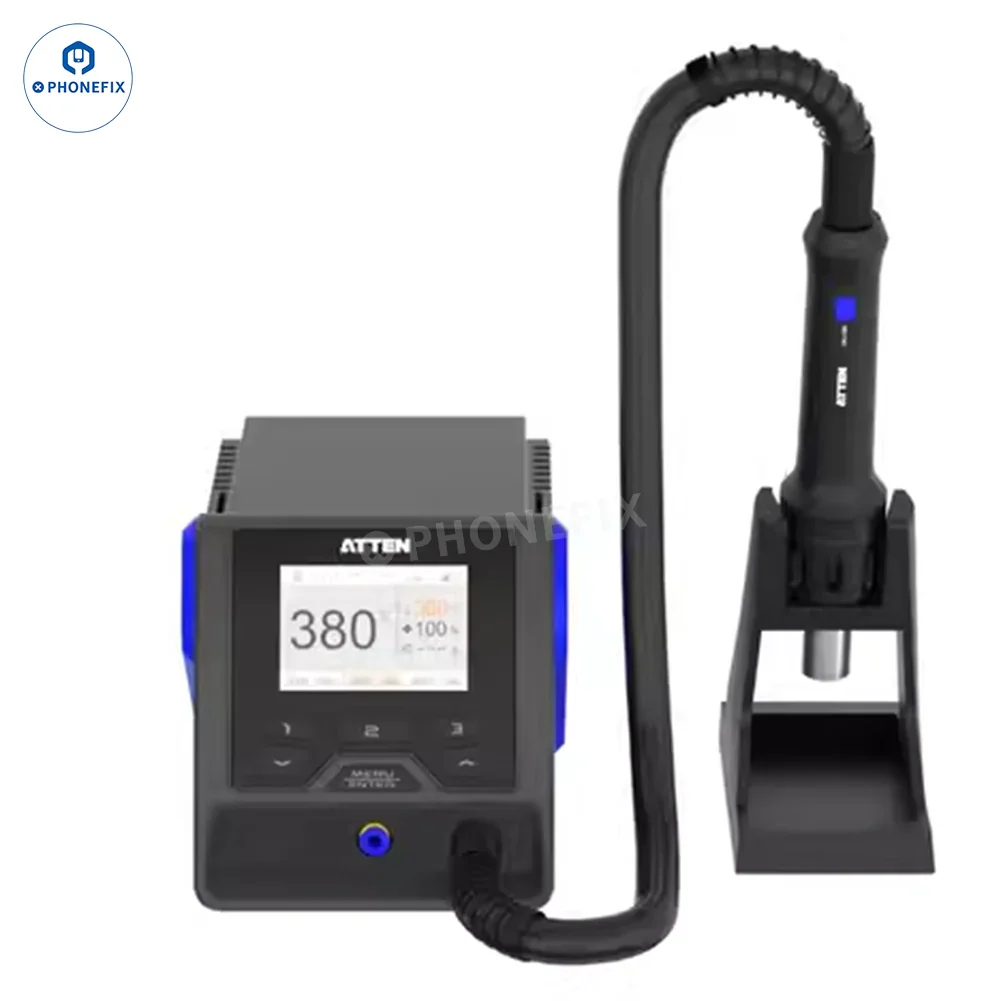 PhoneFix ATTEN GT-1028 GT-8100A BGA Rework Station with digital display and hot air tool for electronic repairs.