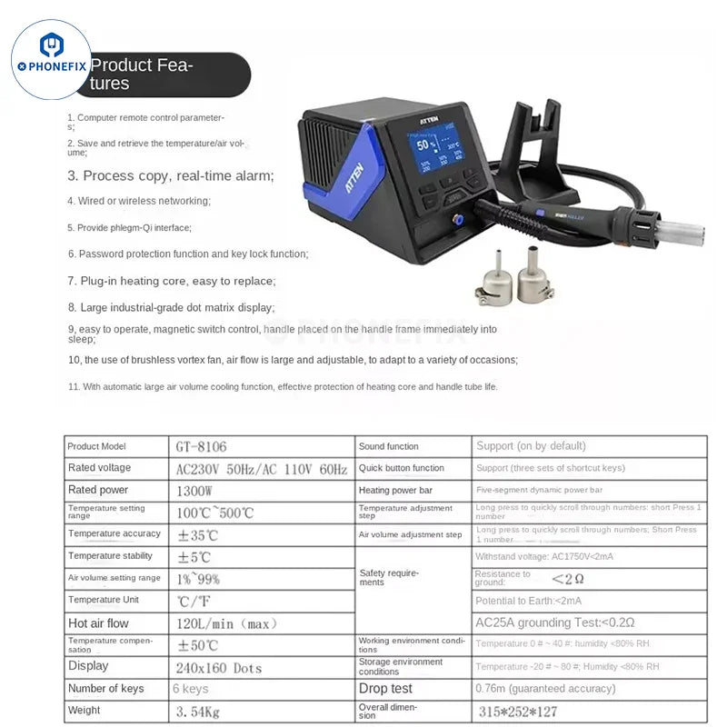 PhoneFix ATTEN GT-1028 GT-8100A BGA rework station with digital display and hot air rework features for electronic repair.