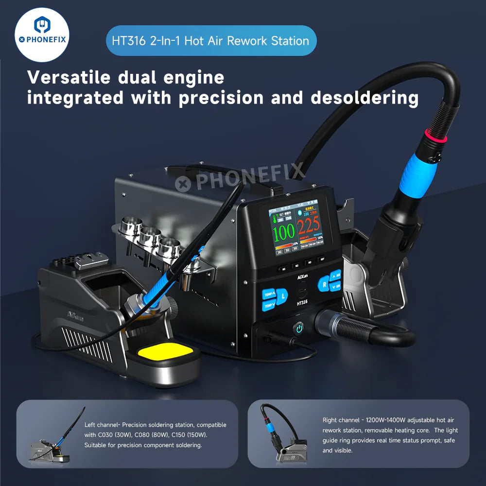AiXun HT316 BGA rework station with digital hot air gun and soldering iron, featuring PHONEFIX branding for electronics repair.