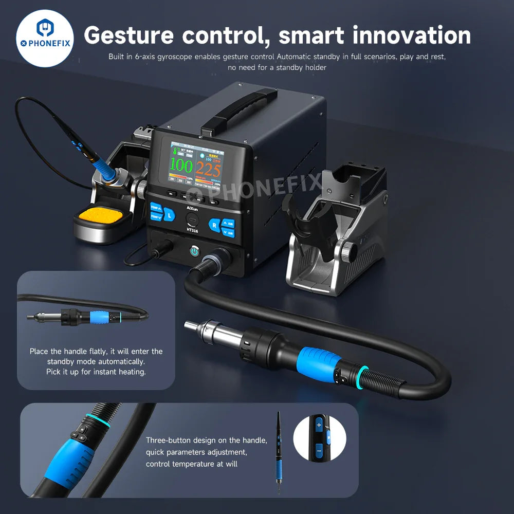 AiXun HT316 digital hot air gun and soldering iron BGA rework station by PHONEFIX with adjustable temperature and digital display.