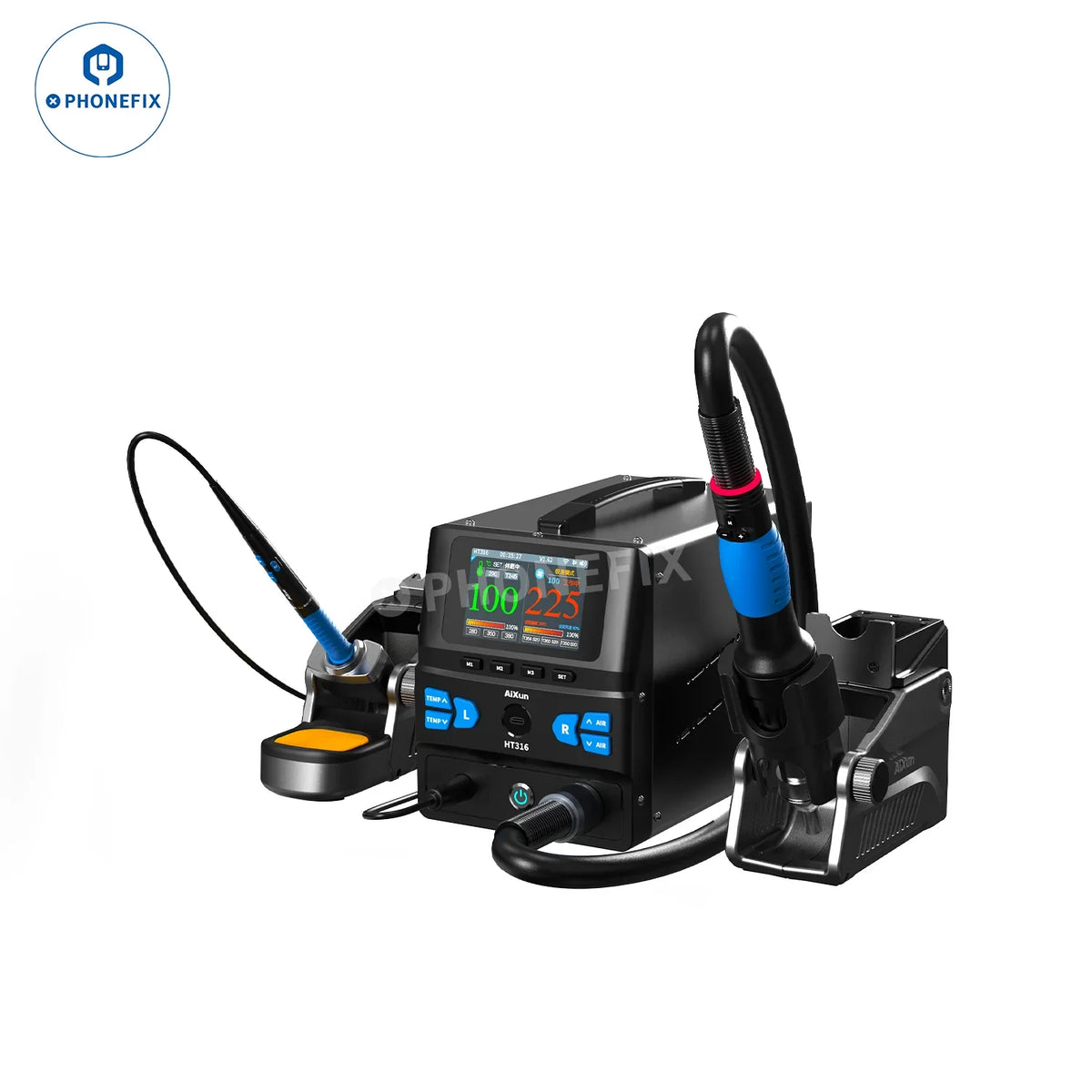 AiXun HT316 digital hot air gun and soldering iron BGA rework station by PHONEFIX, with display and control knobs.