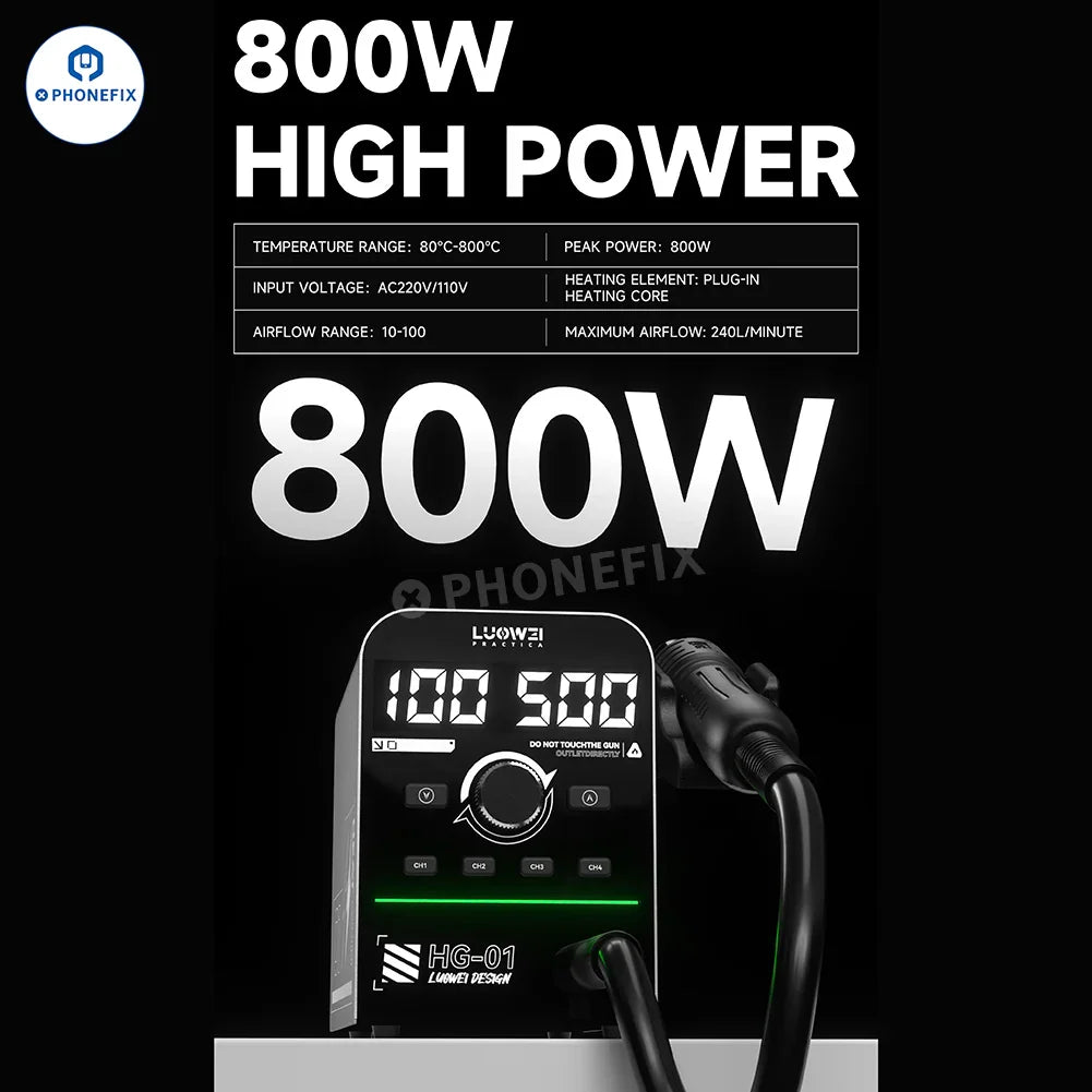 LUOWEI HG-01 800W hot air gun BGA rework station with digital controls for desoldering electronic components.