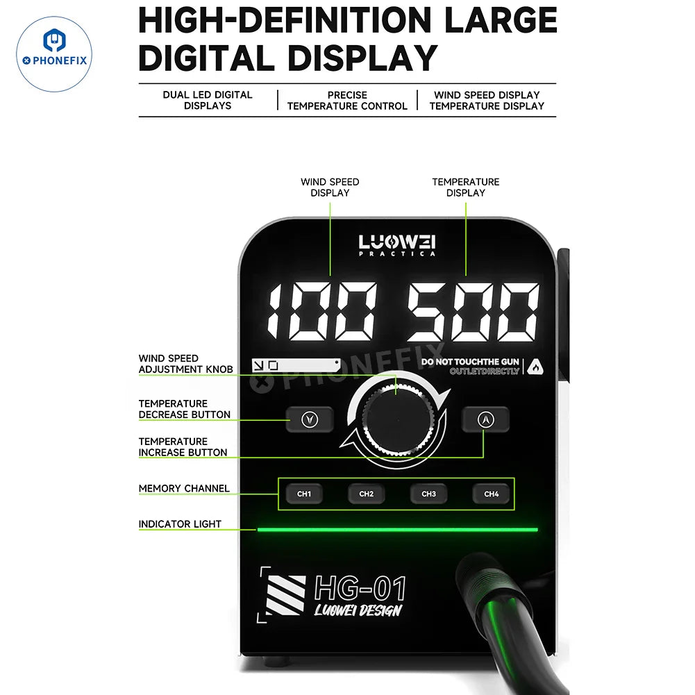 LUOWEI HG-01 800W hot air gun and BGA rework station from PHONEFIX, featuring digital controls and desoldering capabilities.