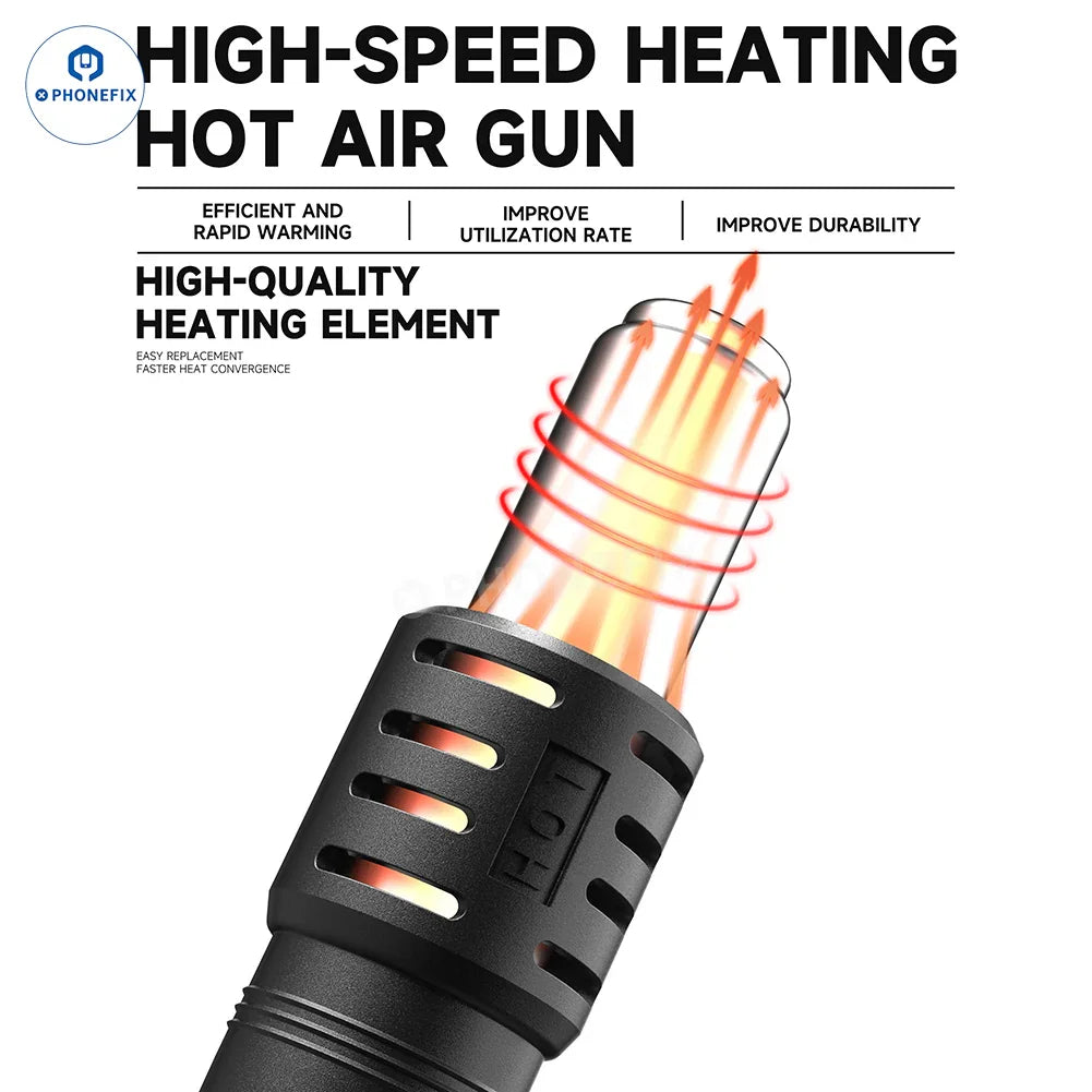 LUOWEI HG-01 800W hot air gun on BGA rework station, with digital controls, used for electronics soldering and desoldering.