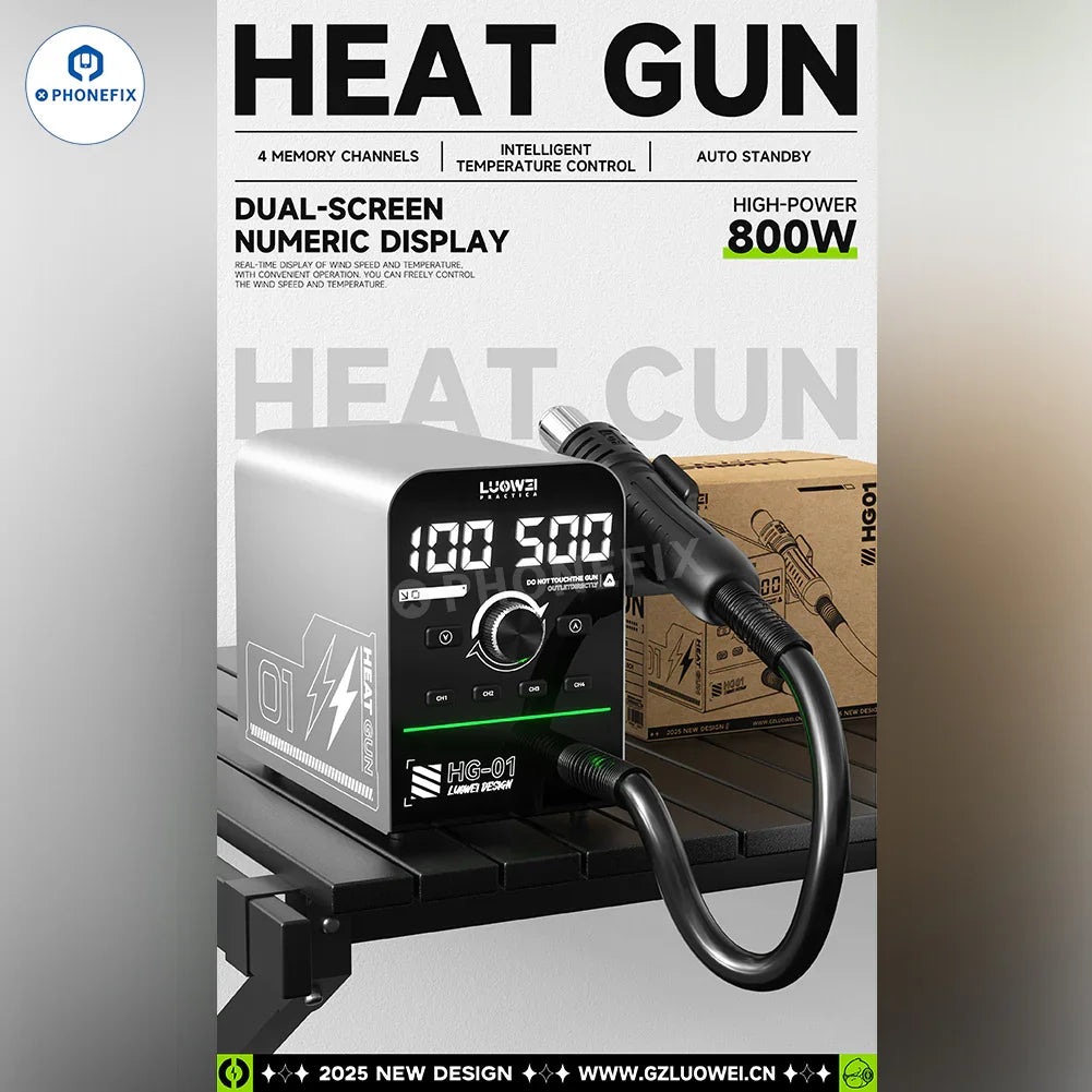 LUOWEI HG-01 800W hot air gun and BGA rework station with digital controls, used for electronic component desoldering.