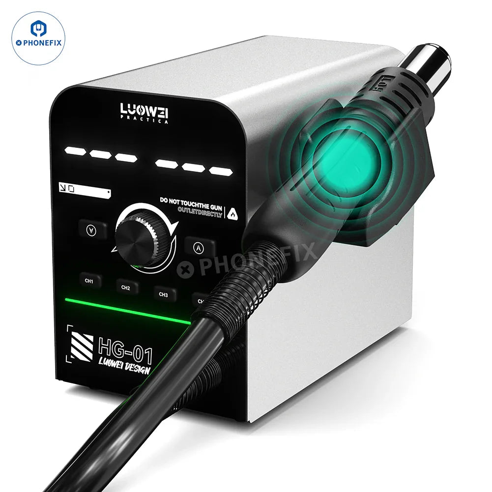 LUOWEI HG-01 800W hot air gun on BGA rework station with digital controls, used for desoldering and reworking electronic components.