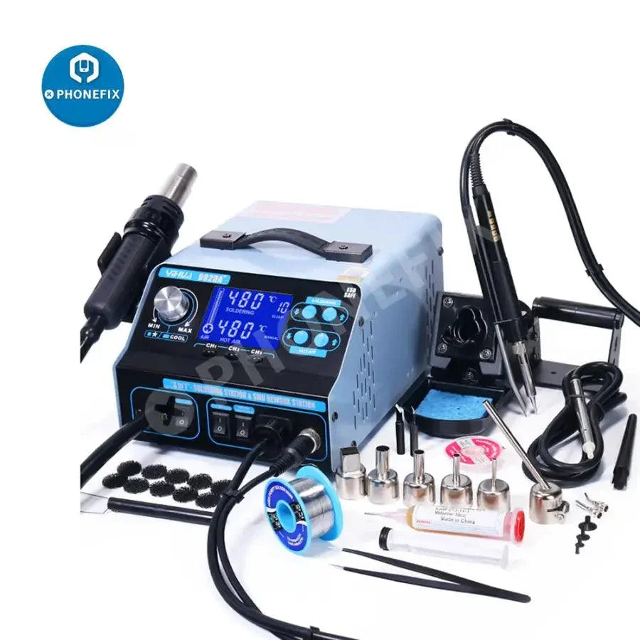 PhoneFIX BGA Rework Station 992DA+ with hot air welding tool and solder vacuum pen, used for circuit board repairs.