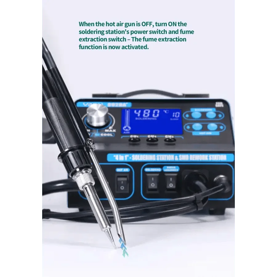 PHONEFIX 992DA+ BGA rework station with hot air welding and solder vacuum pen, shown with components and equipment setup