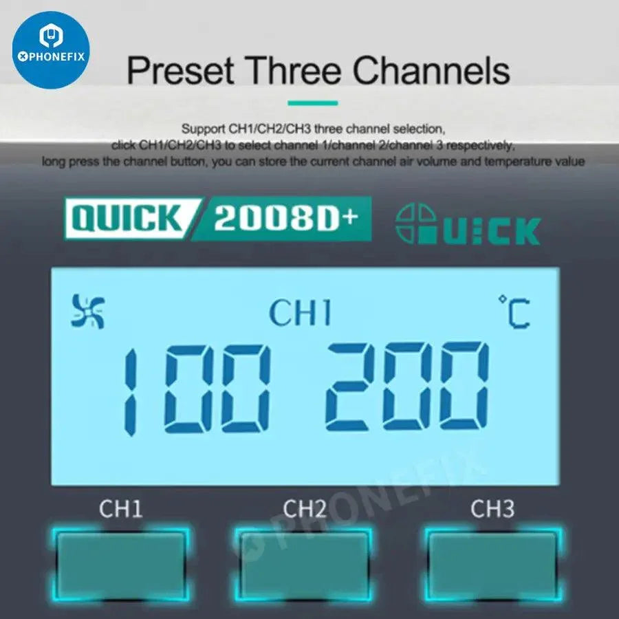 Station de retouche BGA Quick 2008 ESD avec affichage numérique et pistolet thermique, par PHONEFIX, utilisée pour les opérations de soudure et de retouche en réparation électronique.