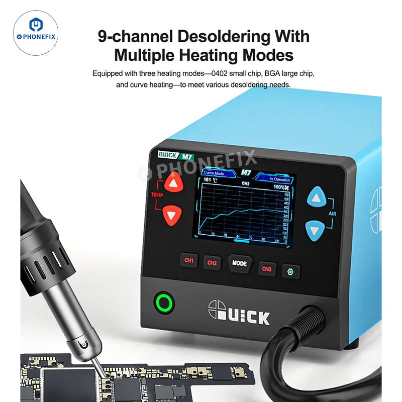 PHONEFIX QUICK M7 1000W BGA rework station with smart hot air desoldering tool for phone repair, featuring digital controls and adjustable airflow.