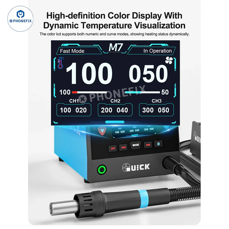 PHONEFIX QUICK M7 1000W BGA rework station with hot air desoldering tool for phone repair and electronic component removal.