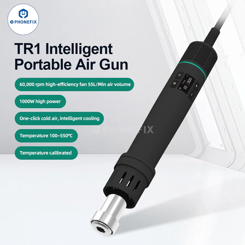 Quick TR1 Portable 1000W air gun soldering tool for BGA rework, with smart heating technology by PHONEFIX.