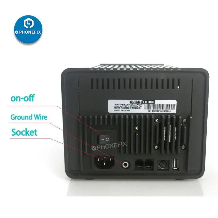 PhoneFix QUICK TR1100 180W ESD BGA rework station with hot air soldering tool and accessories, designed for precise electronic repairs.