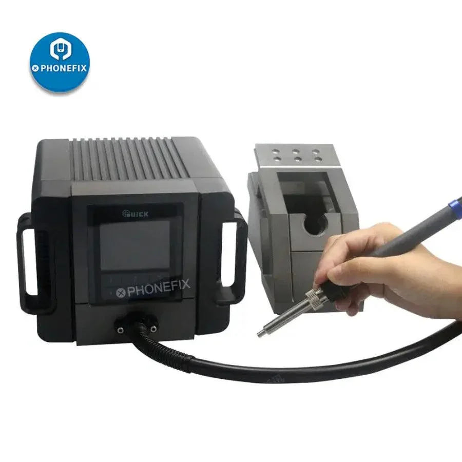 Quick TR1100 180W ESD BGA Rework Station by PHONEFIX with hot air soldering tool and accessories for electronic repairs.