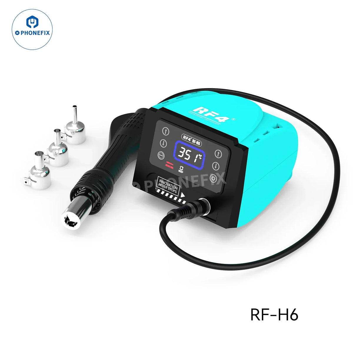 PHONEFIX RF-H6 RF-H7 BGA Rework Station with hot air soldering iron, digital touch display, 2-in-1 design for electronics repair.
