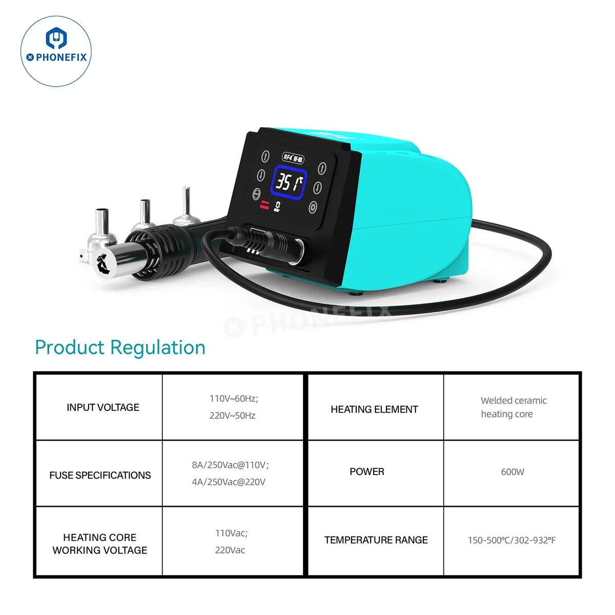 PHONEFIX RF-H6 RF-H7 BGA Rework Station with hot air soldering iron, 2-in-1 design, digital touch display for precise soldering.