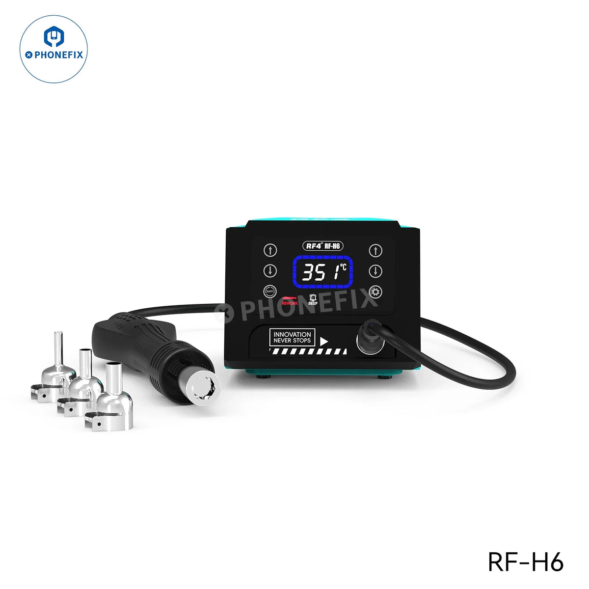 PhoneFix RF-H6 RF-H7 BGA rework station with hot air soldering iron, digital touch display, 2-in-1 design for precise soldering.