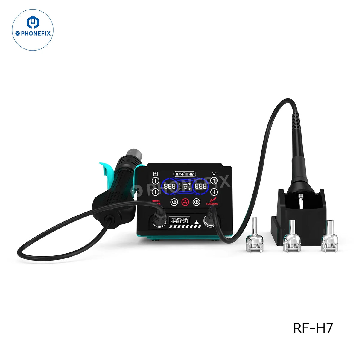 PhoneFix RF-H6 RF-H7 BGA Rework Station with 2-in-1 hot air soldering iron and digital touch display for precise electronic repairs.