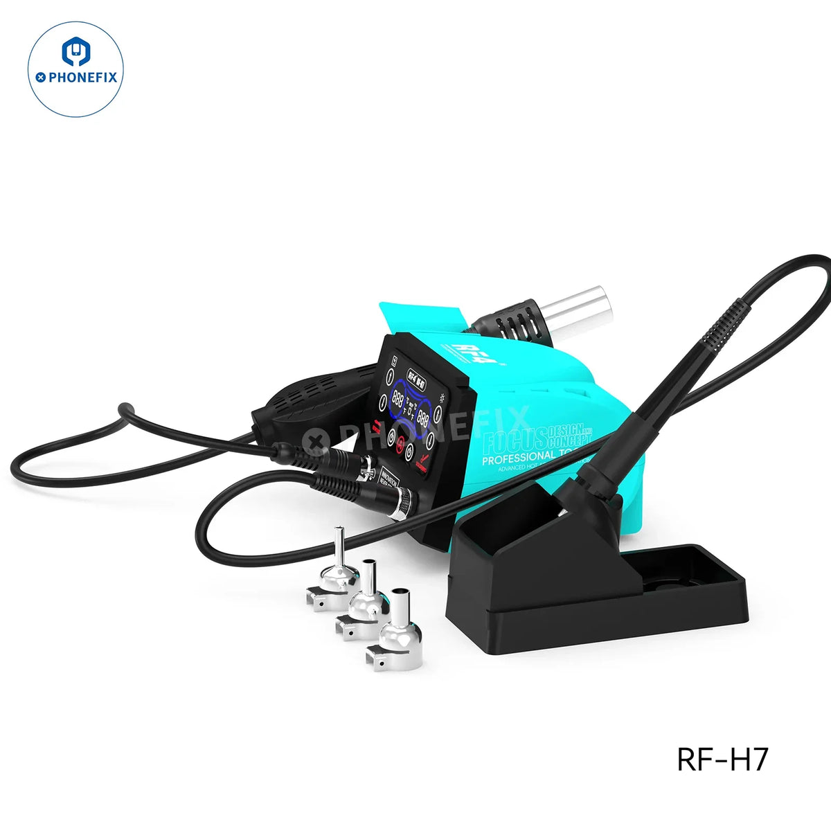Phonefix RF-H6 RF-H7 BGA rework station with 2-in-1 hot air soldering iron and digital touch display for electronics repair.