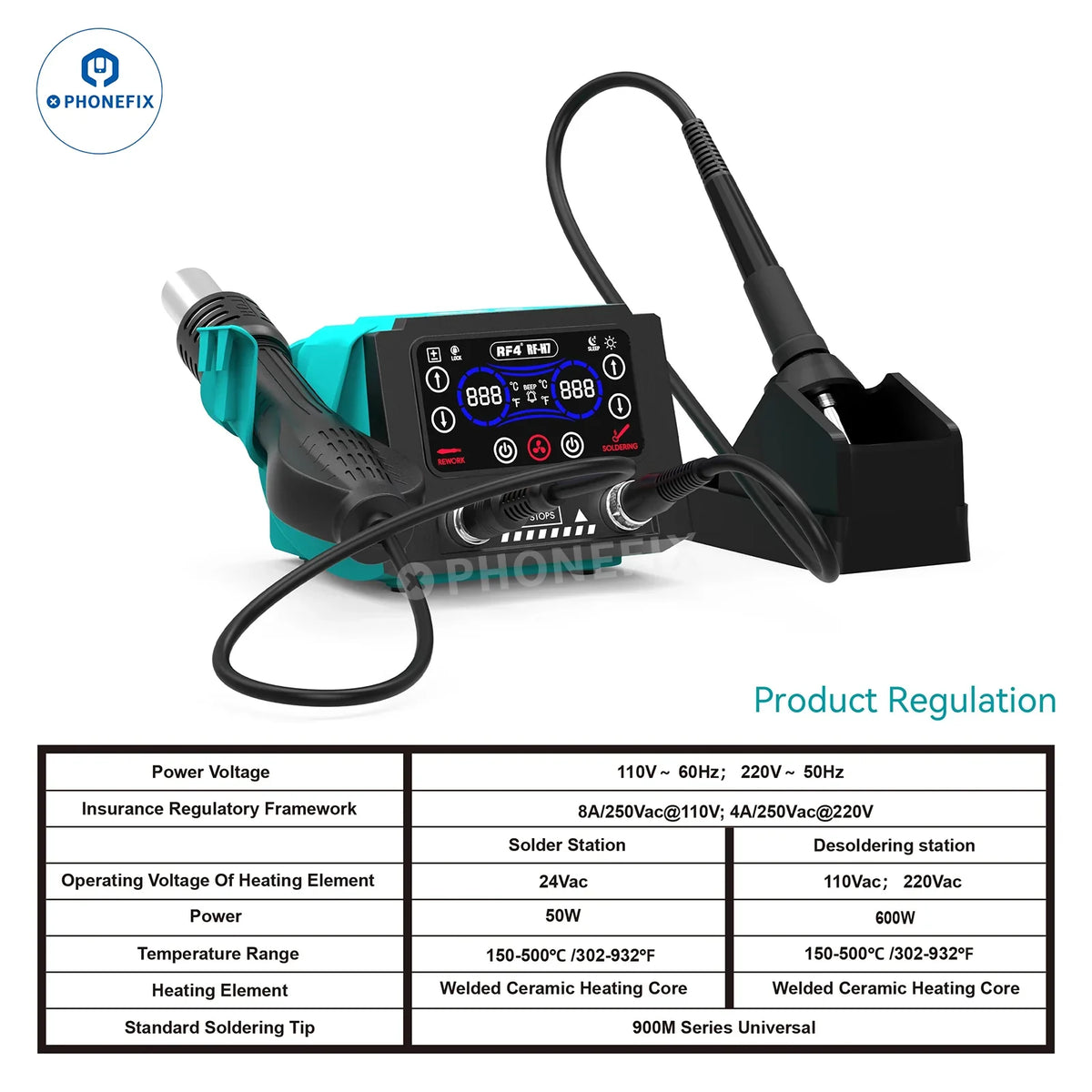PHONEFIX RF-H6 RF-H7 BGA Rework Station with digital touch display and 2-in-1 hot air soldering iron for precise electronic repairs