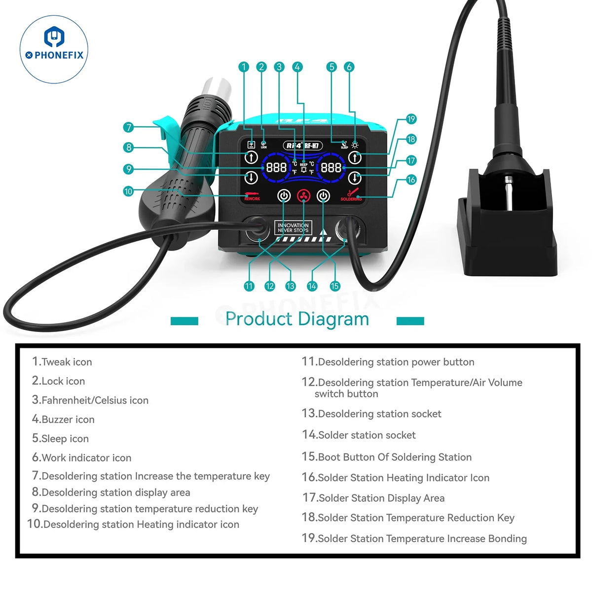 PHONEFIX RF-H6 RF-H7 BGA rework station with hot air soldering iron 2-in-1 digital touch display and precision controls.