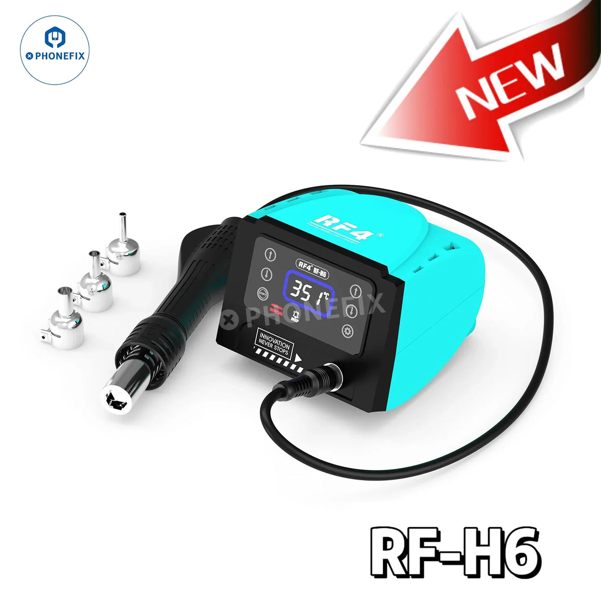 PHONEFIX RF-H6 RF-H7 BGA Rework Station with hot air soldering iron, digital touch display, 2-in-1 station for electronics repair.