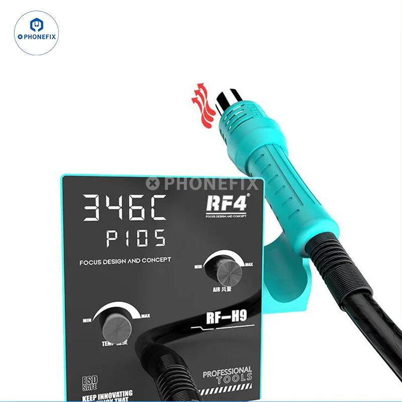 PhoneFix RF4 RF-H9 hot air gun BGA rework station with digital display, used for soldering and reflow tasks.