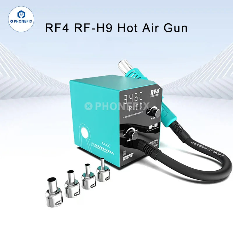 RF4 RF-H9 Hot Air Gun BGA Rework Station by PHONEFIX with digital display and adjustable temperature controls for electronics repair.