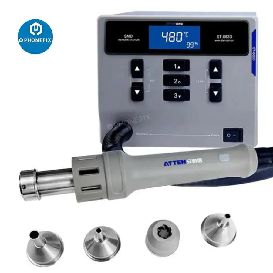 PhoneFix ATTEN ST-862D lead-free hot air gun BGA rework station for PCB repair, featuring adjustable air flow and temperature control.