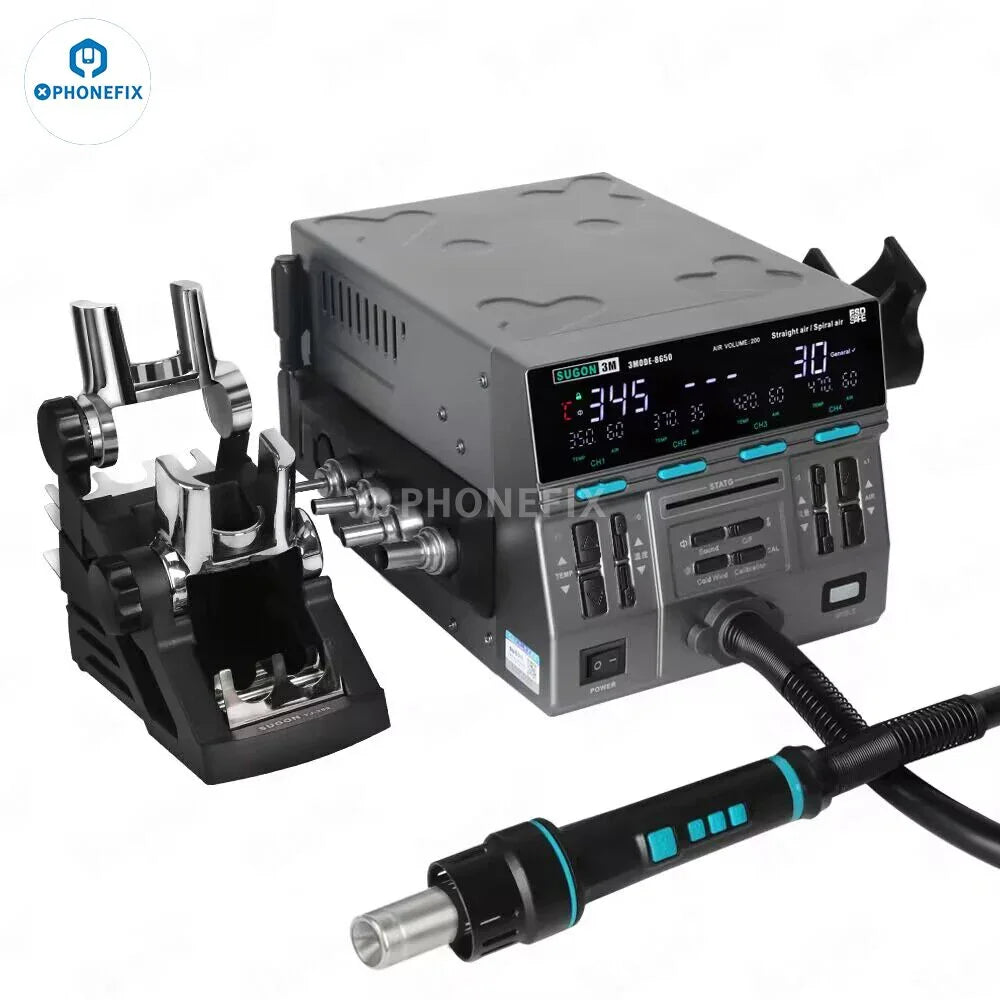PHONEFIX SUGON 8650 1300W BGA Rework Station with hot air gun for desoldering and reflow, featuring digital controls and adjustable airflow.
