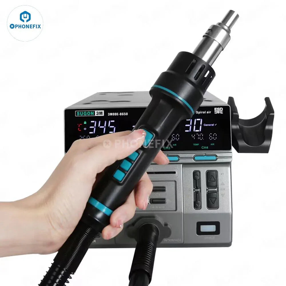 PHONEFIX SUGON 8650 1300W hot air gun BGA rework station with digital display and precision nozzles for electronic soldering and desoldering