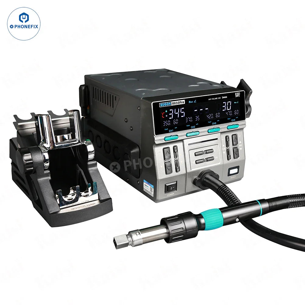 SUGON 8650Pro Curve Hot Air Gun BGA Rework Station with control panel and flexible hose for electronics repair.
